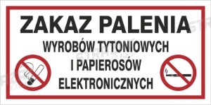 Znak ZAKAZ PALENIA wyrobów tytoniowych i papierosów elekronicznych - płyta sztywna 20x40cm